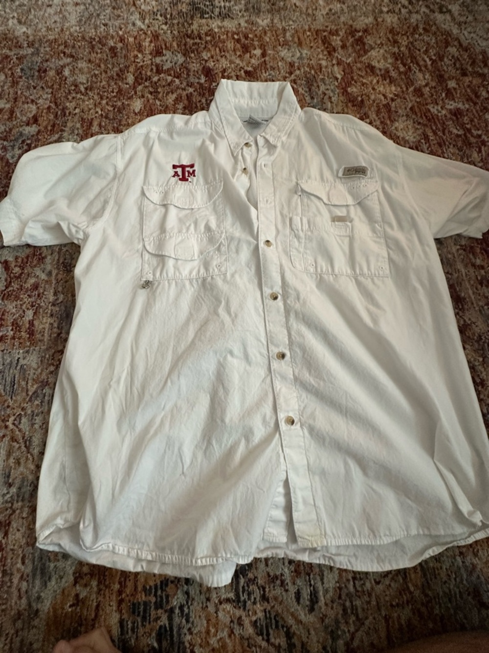 Columbia White Short-Sleeve Button-Down Shirt with Embroidered Maroon Logo